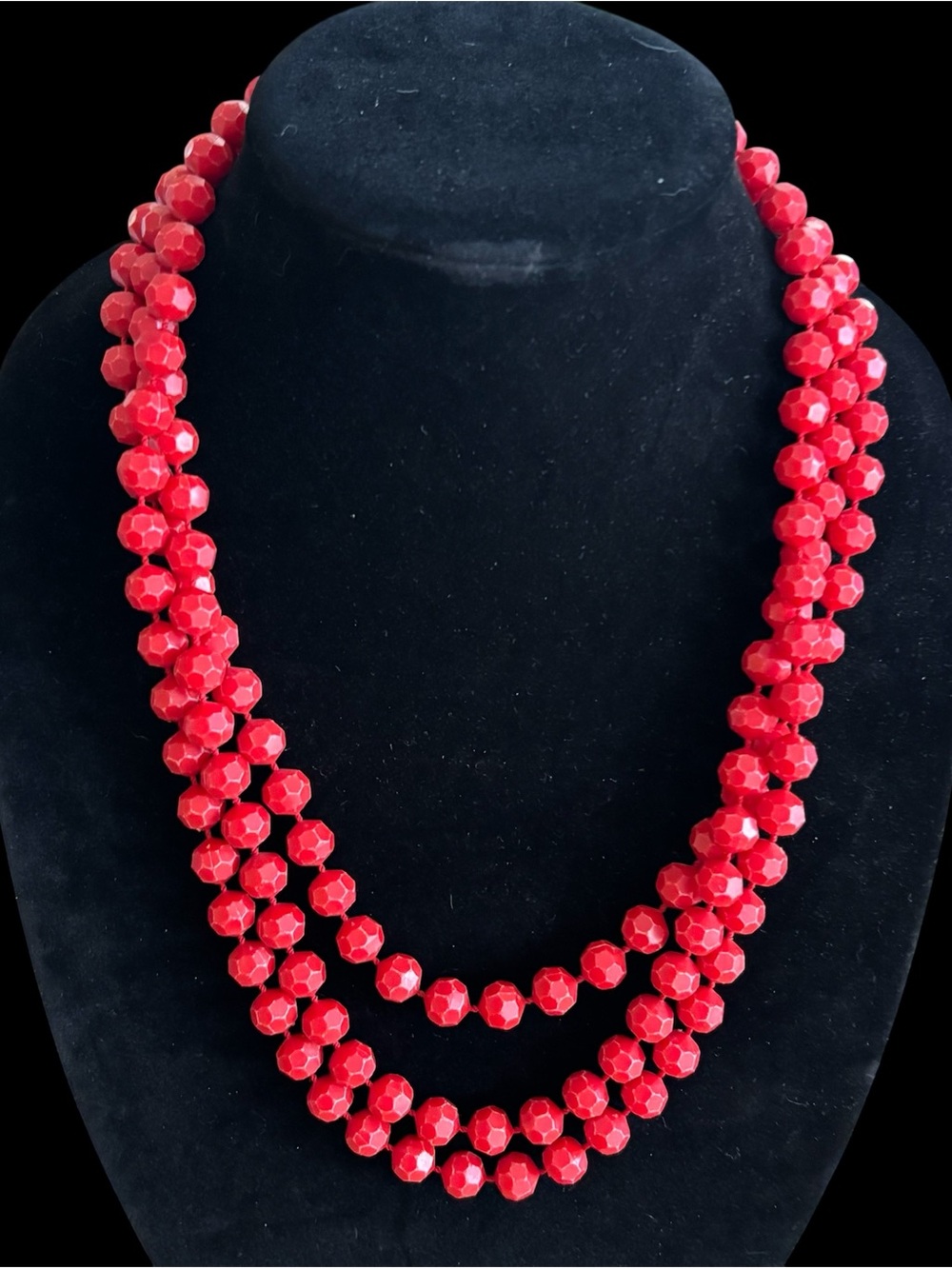 Vintage Red Faceted Triple Strand Necklace